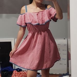 Off The Shoulder Red Gingham Flare Mini Dress
